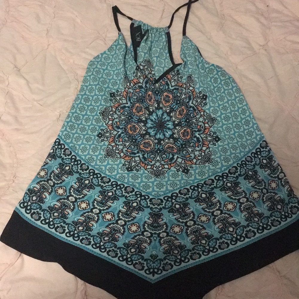 Blue Patterned High Neck Tank Top